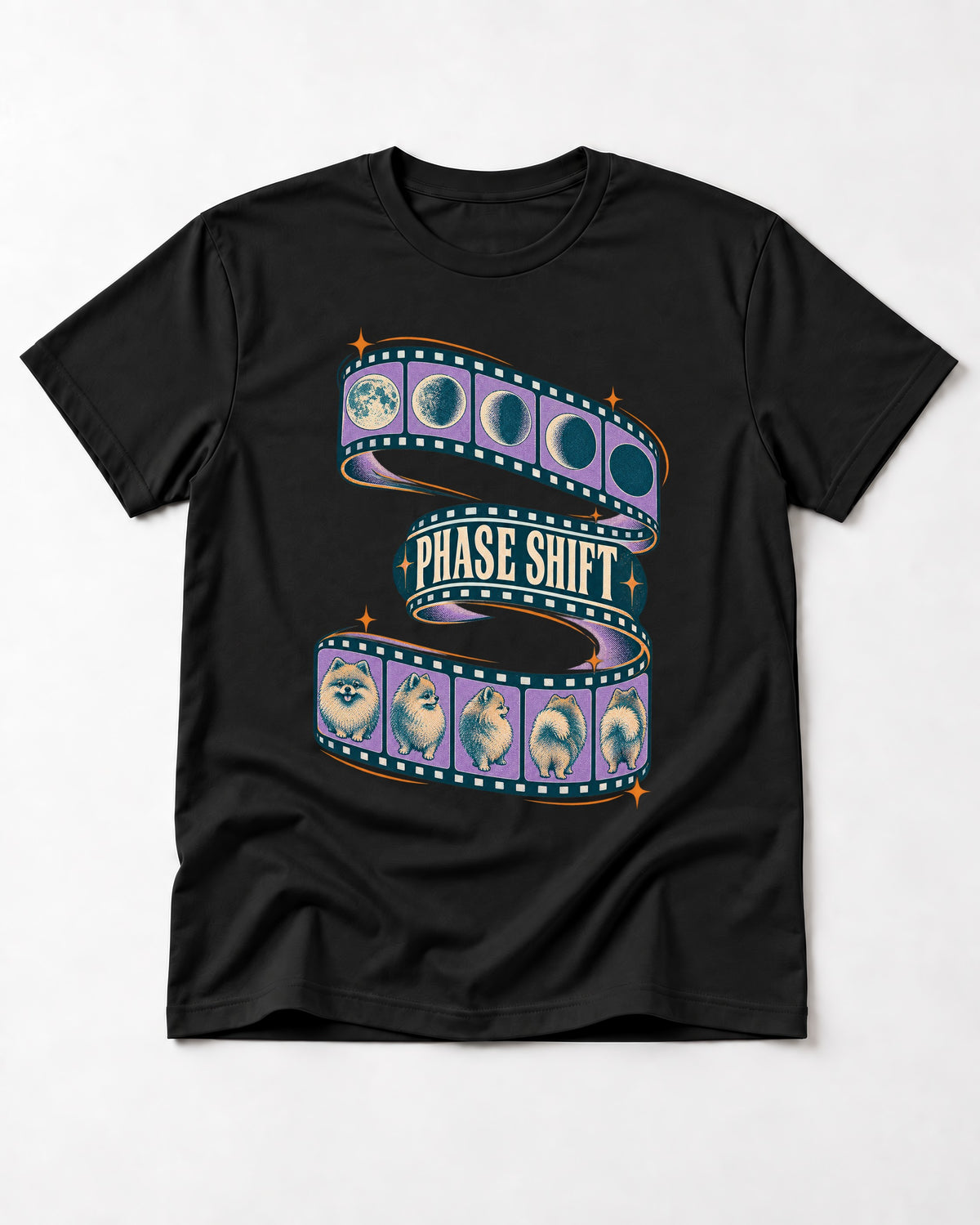 Pomeranian Phase Shift Filmstrip Graphic T-Shirt in Black, flat lay product photo