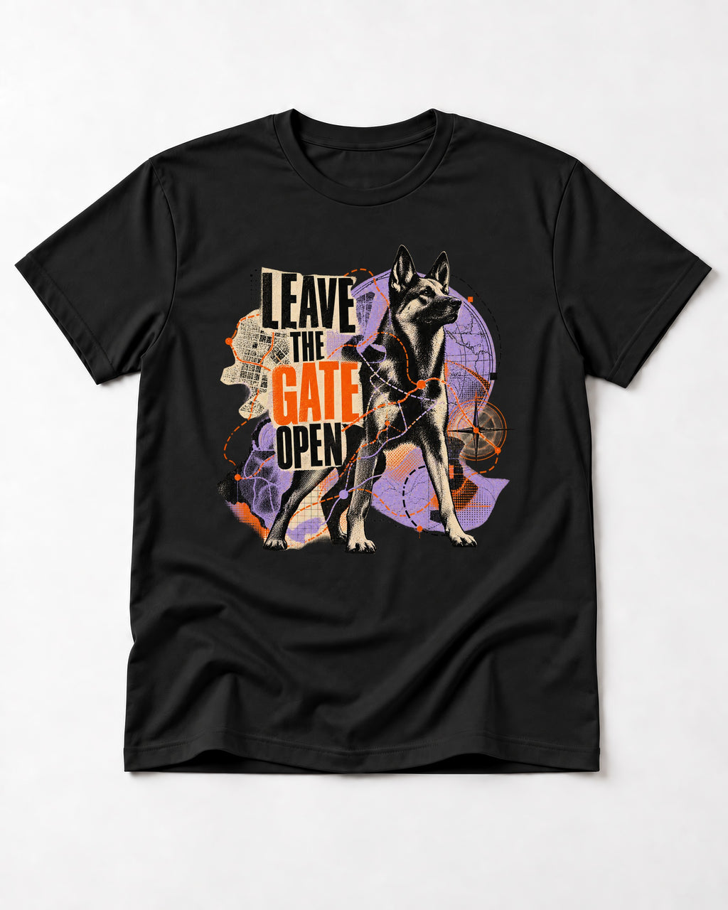 Leave The Gate Open Transit Collage German Shepherd Dog Graphic T-Shirt in Black, flat lay product photo
