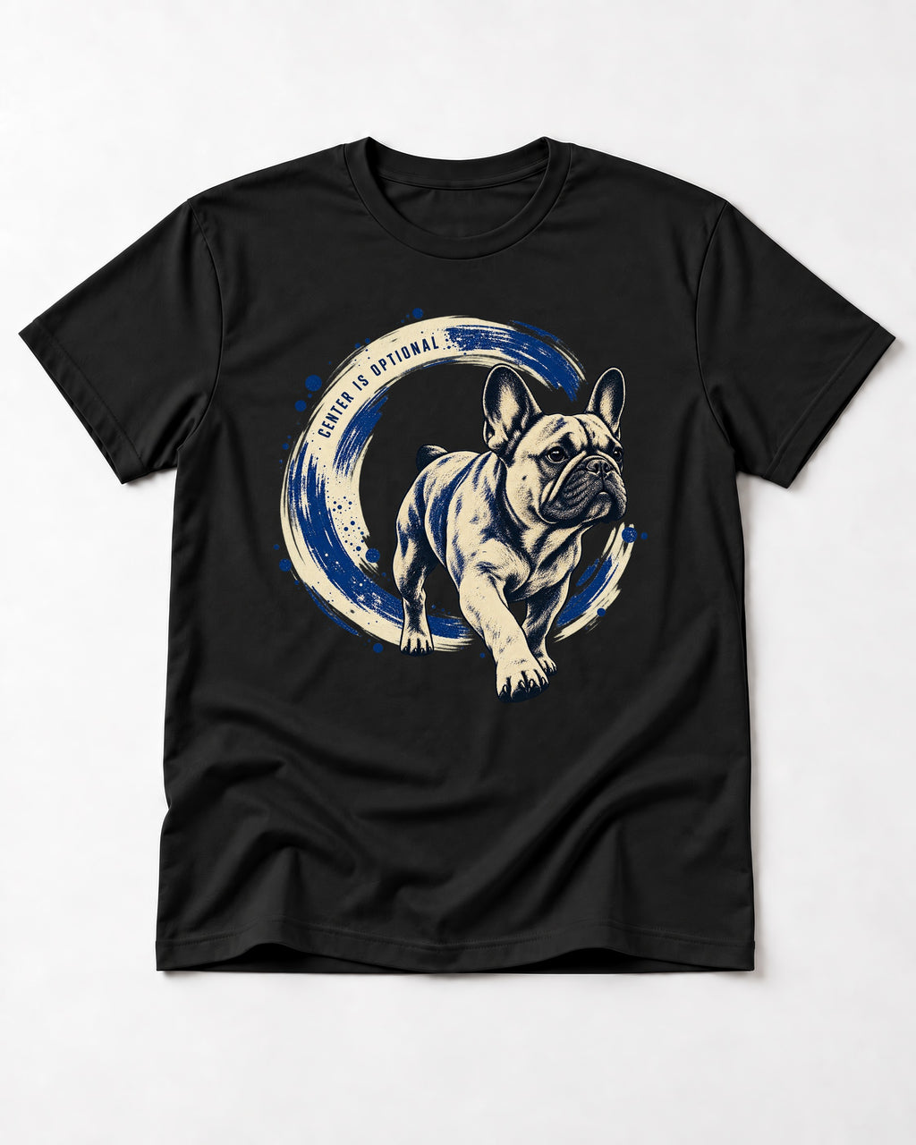 Frenchie Center Is Optional Brush Circle Graphic T-Shirt in Black, flat lay product photo