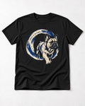 Frenchie Center Is Optional Brush Circle Graphic T-Shirt in Black, flat lay product photo