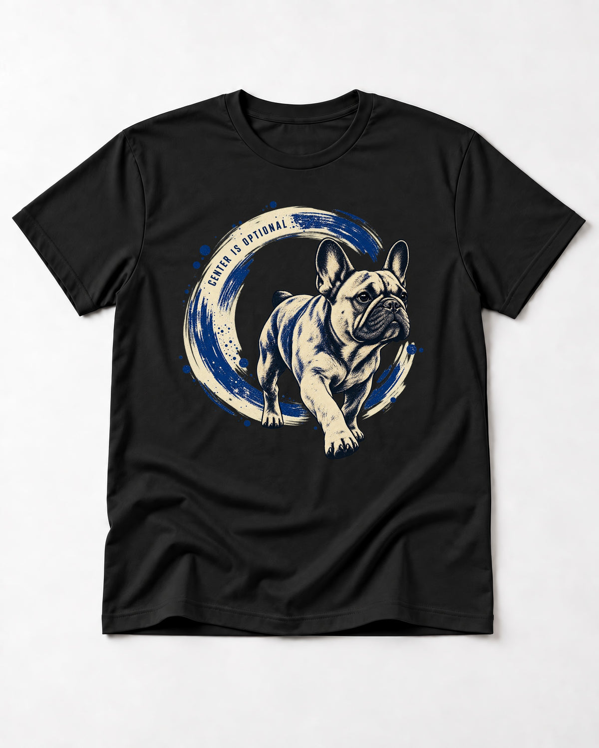 Frenchie Center Is Optional Brush Circle Graphic T-Shirt in Black, flat lay product photo