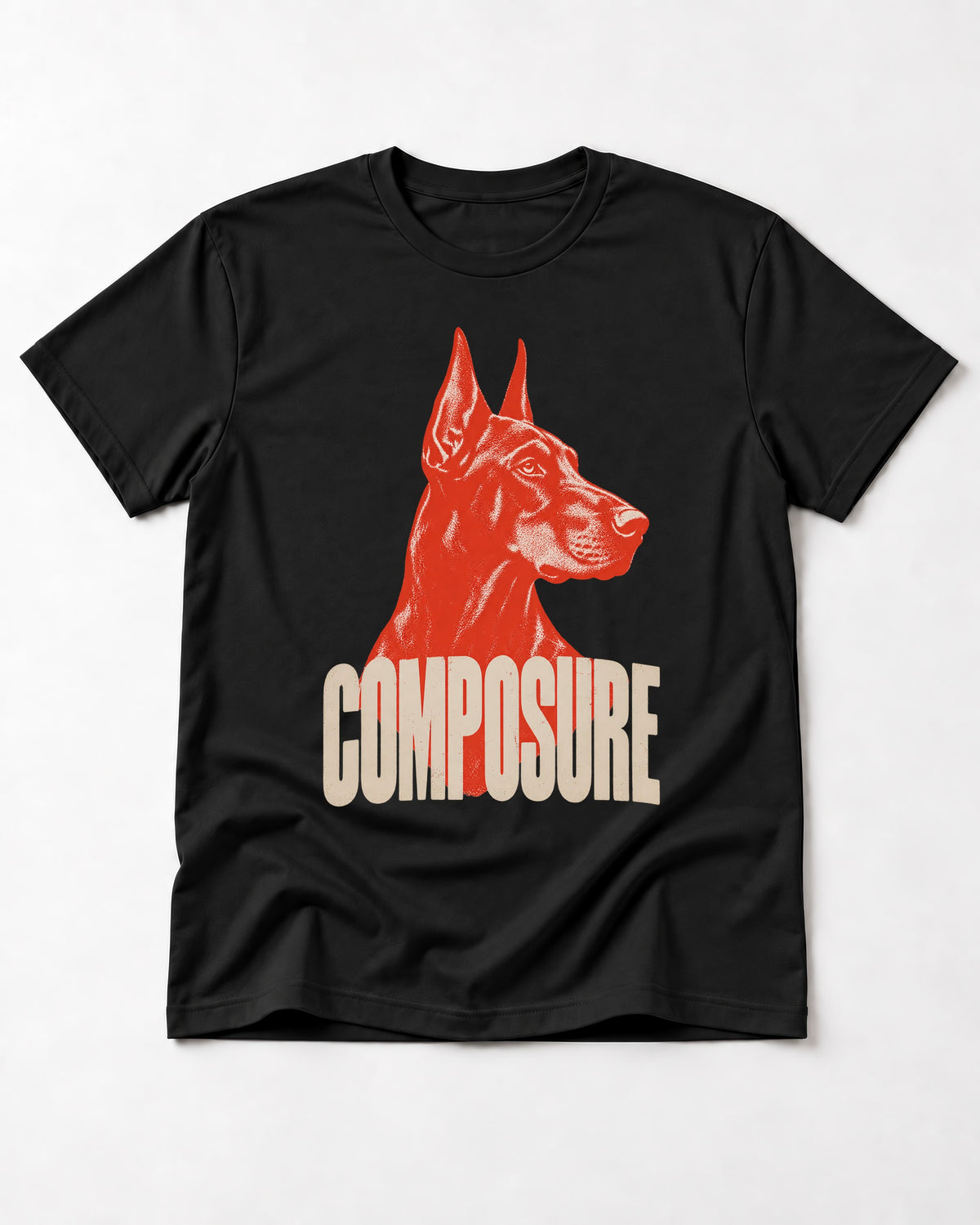 Doberman Composure Portrait Graphic T-Shirt in Black, flat lay product photo