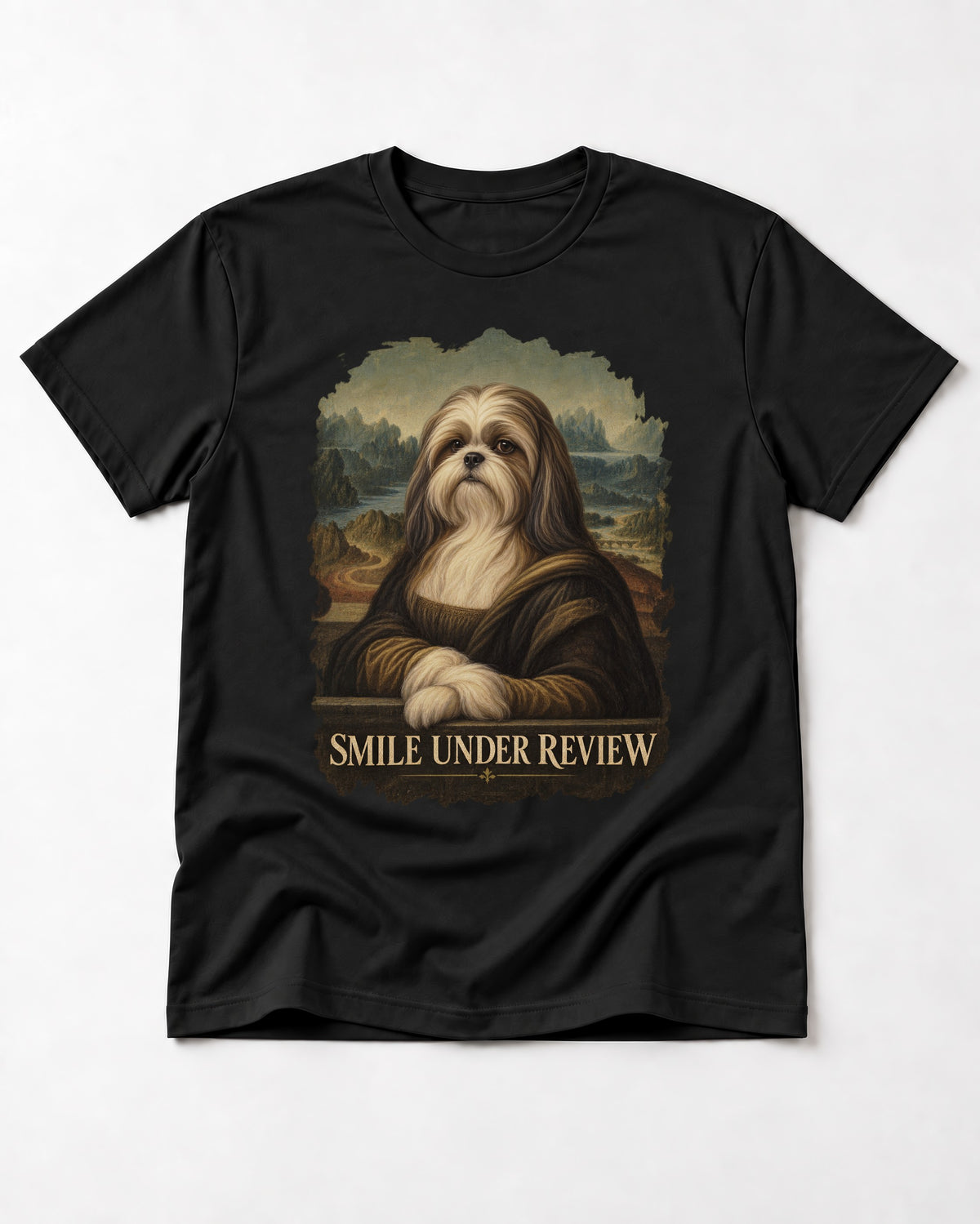Shih Tzu Smile Under Review Old Master Portrait Graphic T-Shirt in Black, flat lay product photo