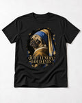 Pug Quiet Luxury Loud Eyes Pearl Portrait Graphic T-Shirt in Black, flat lay product photo