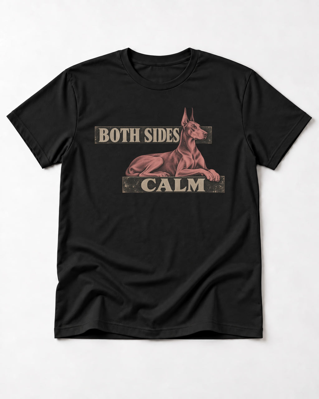 Doberman Both Sides Calm Banner T-Shirt in Black, flat lay product photo