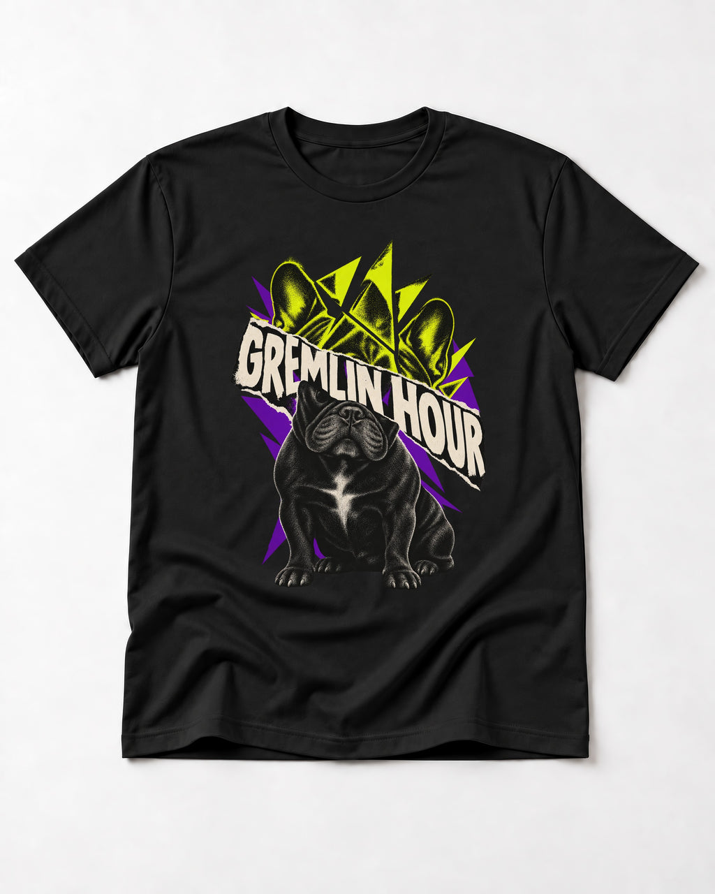 Frenchie Gremlin Hour Fracture Portrait Graphic T-Shirt in Black, flat lay product photo