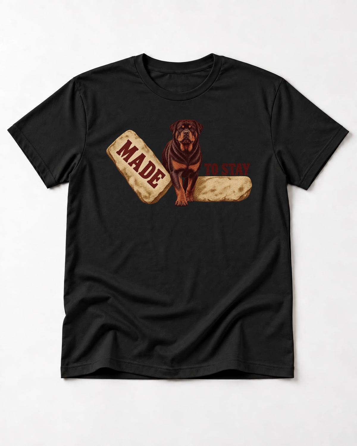 Rottweiler Made to Stay Stepping Stone Graphic T-Shirt in Black, flat lay product photo