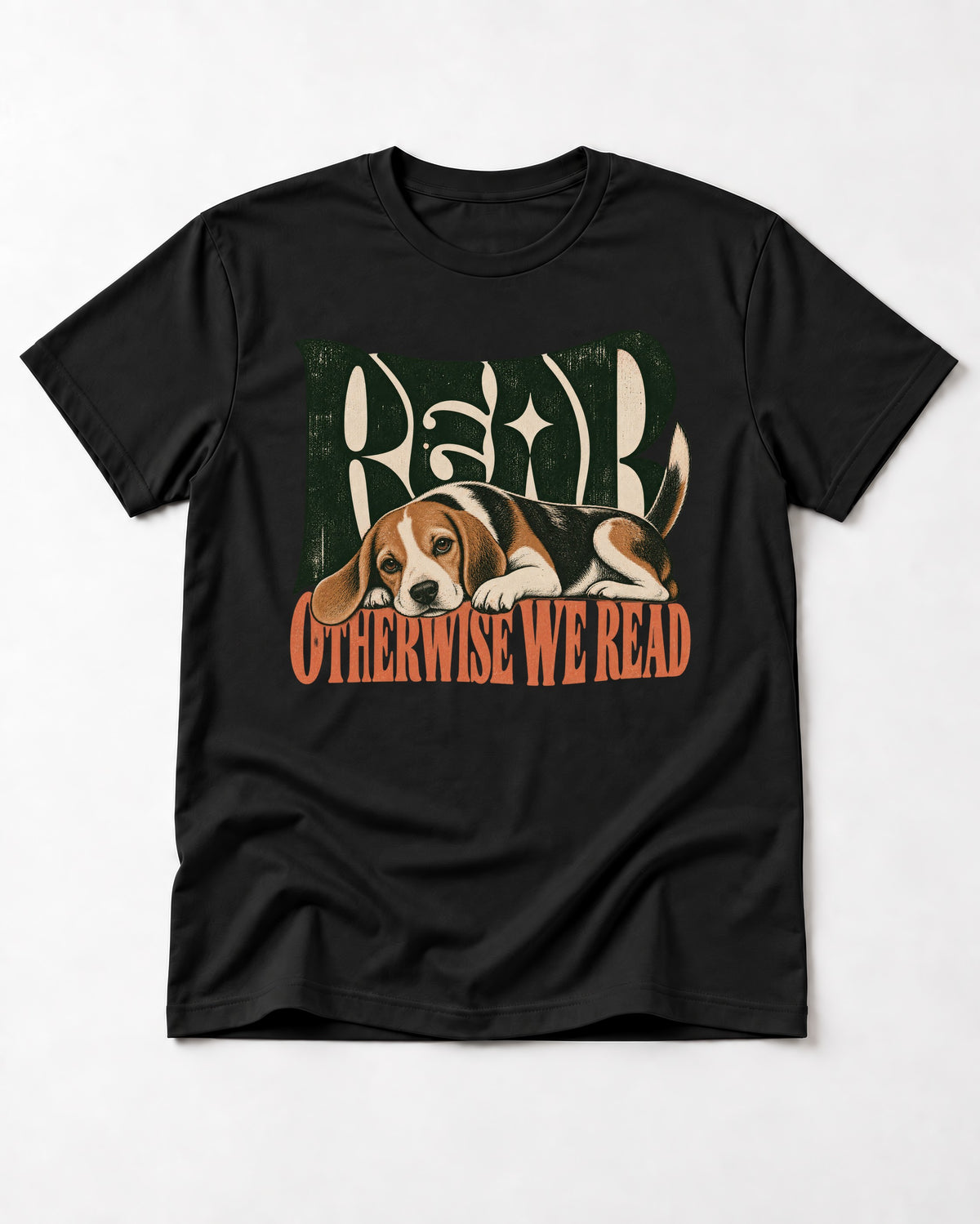 Beagle Read Otherwise We Read Retro Graphic T-Shirt in Black, flat lay product photo