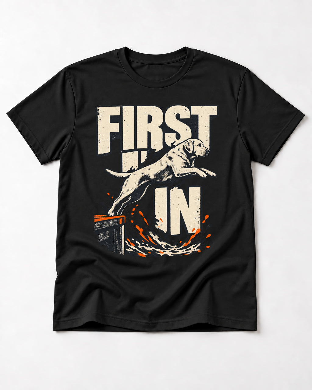 First In Dock Jump Labrador Retriever Graphic T-Shirt in Black, flat lay product photo