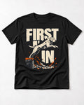 First In Dock Jump Labrador Retriever Graphic T-Shirt in Black, flat lay product photo