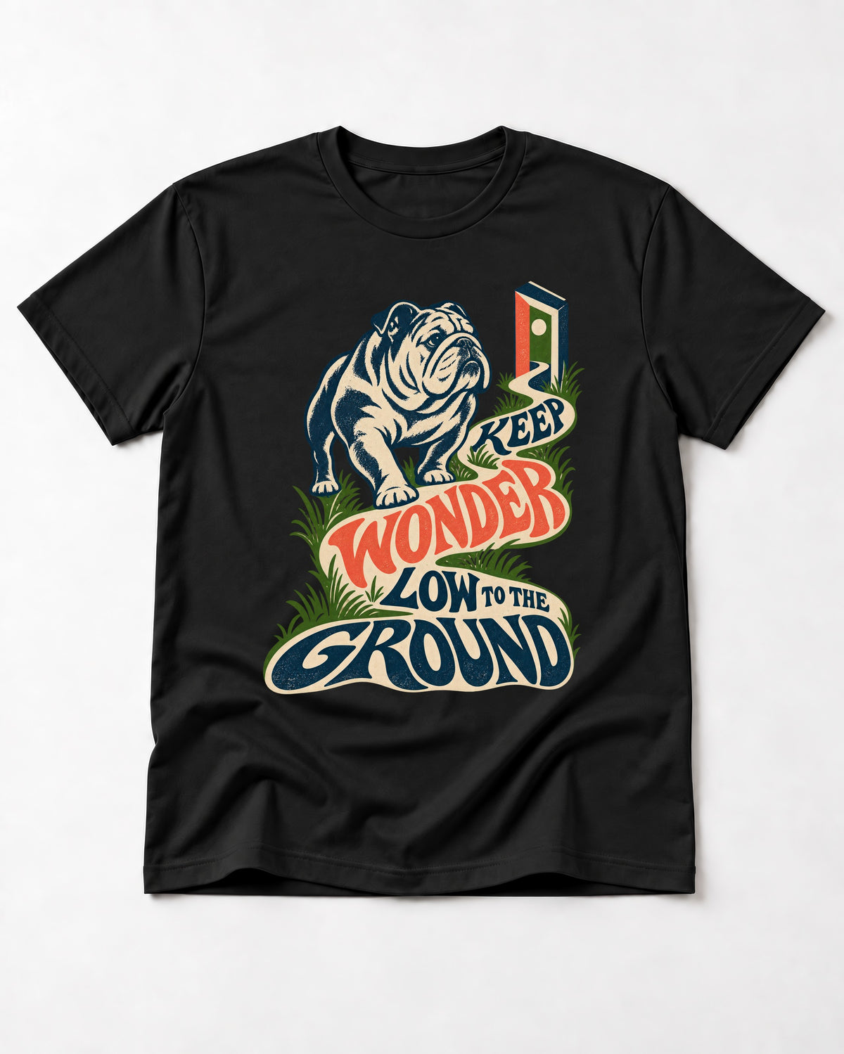 Keep Wonder Low to the Ground English Bulldog Graphic T-Shirt in Black, flat lay product photo