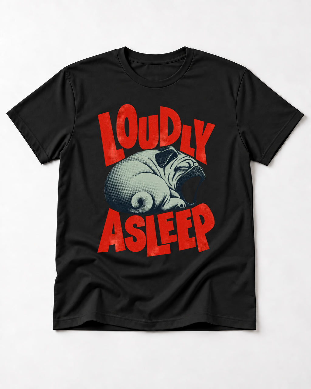 Pug Loudly Asleep Curled Yawn Graphic T-Shirt in Black, flat lay product photo
