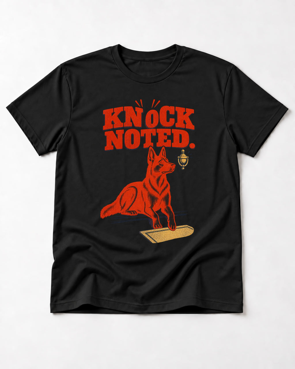 Knock Noted Door Knocker German Shepherd Dog Graphic T-Shirt in Black, flat lay product photo