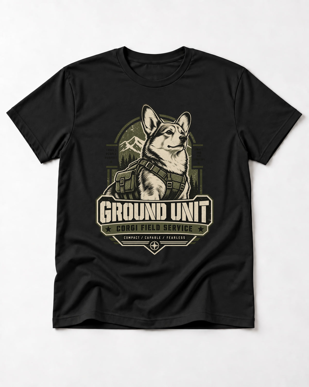 Corgi Ground Unit Field Service Badge T-Shirt in Black, flat lay product photo