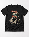 Husky Wrong Turn Right Outfit Wonderland Signpost Graphic T-Shirt in Black, flat lay product photo
