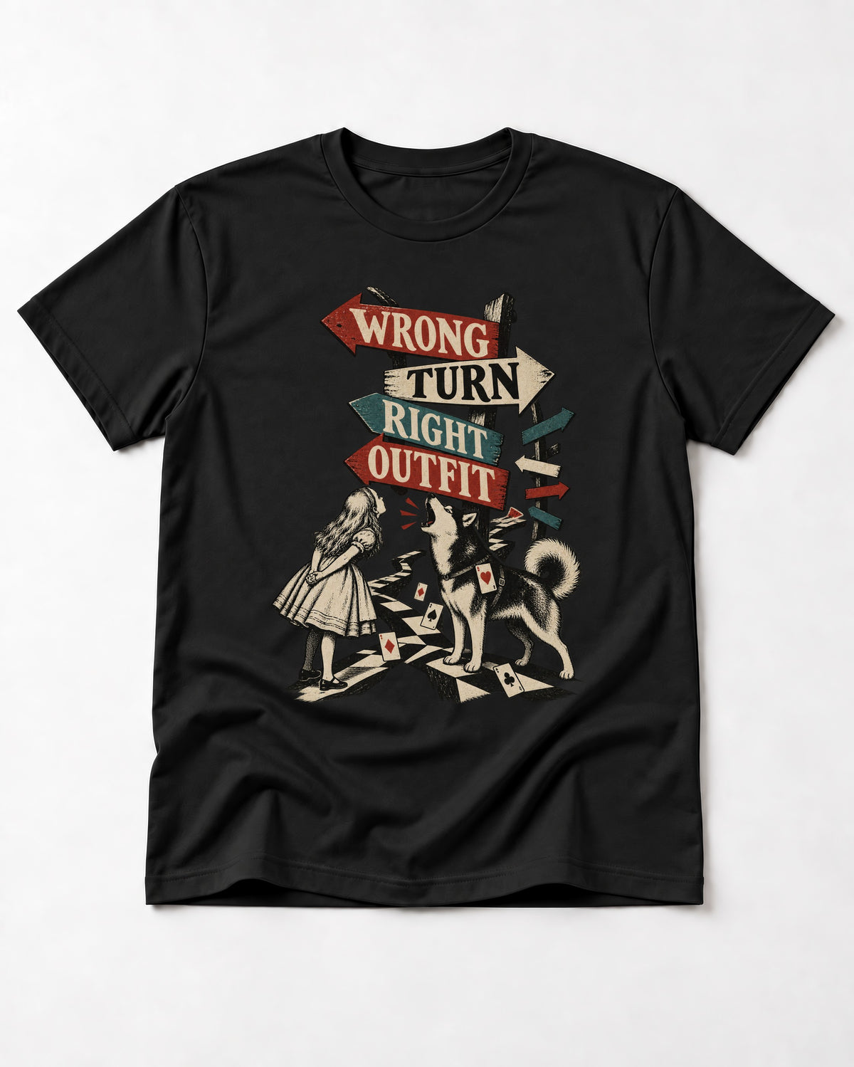 Husky Wrong Turn Right Outfit Wonderland Signpost Graphic T-Shirt in Black, flat lay product photo