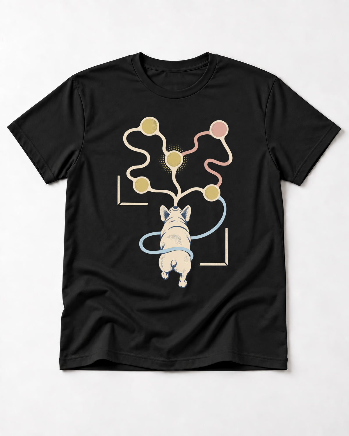 Frenchie Scent Circuit Rear View Graphic T-Shirt in Black, flat lay product photo