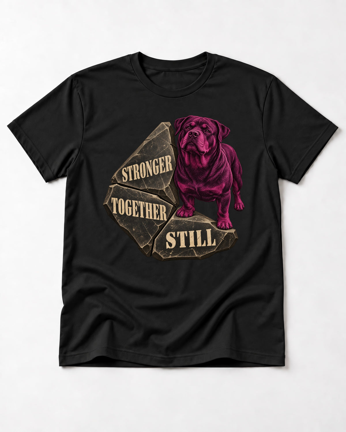 Rottweiler Stronger Together Still Foundation Stone Graphic T-Shirt in Black, flat lay product photo
