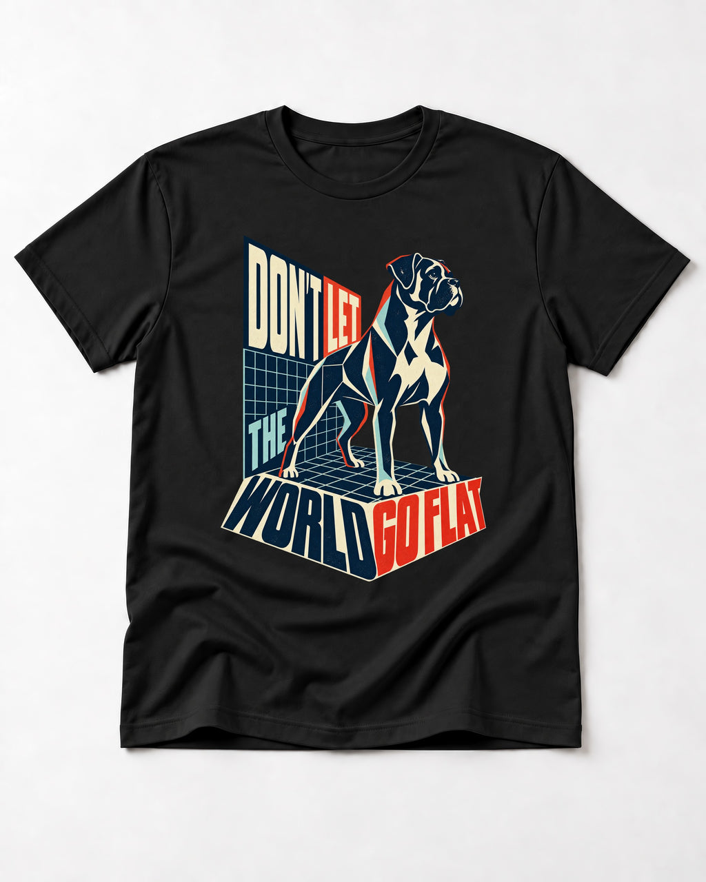 Don't Let the World Go Flat Boxer Perspective Grid Graphic T-Shirt in Black, flat lay product photo