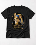 Corgi Quiet Luxury Loud Eyes Pearl Earring Portrait T-Shirt in Black, flat lay product photo