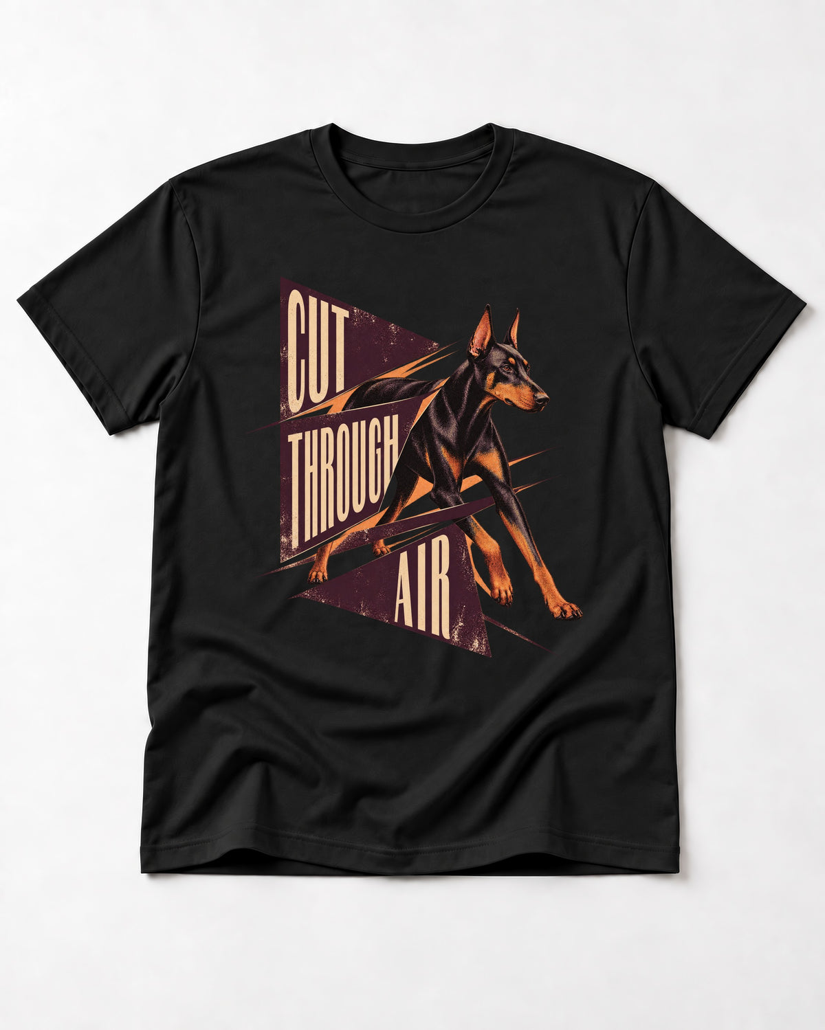 Doberman Cut Through Air Graphic T-Shirt in Black, flat lay product photo