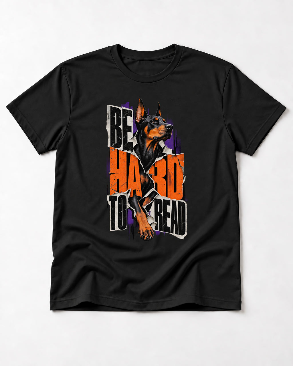 Doberman Be Hard to Read Torn Poster Graphic T-Shirt in Black, flat lay product photo