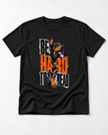 Doberman Be Hard to Read Torn Poster Graphic T-Shirt in Black, flat lay product photo