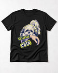Shih Tzu My Calendar Has a Chin Arm Rest Graphic T-Shirt in Black, flat lay product photo