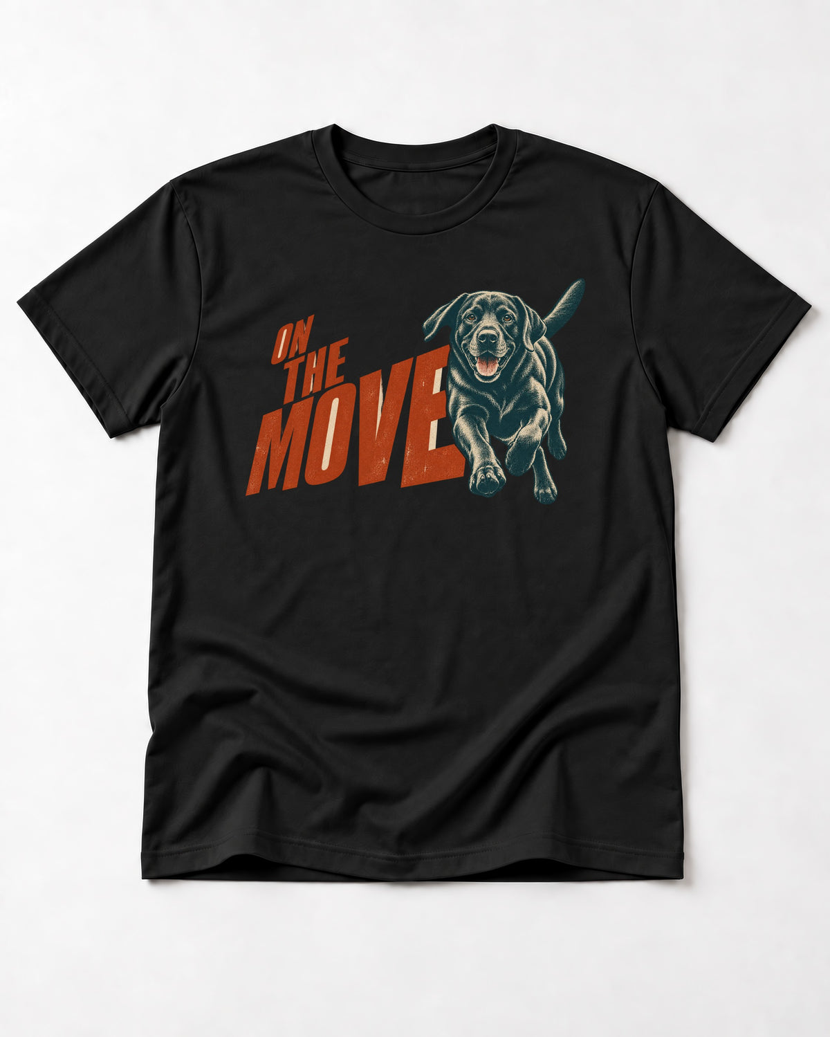Labrador Retriever On the Move Running Graphic T-Shirt in Black, flat lay product photo