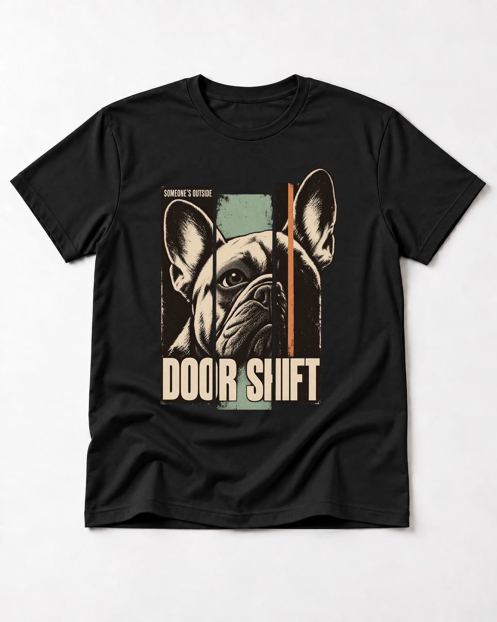 Frenchie Someone's Outside Door Shift Graphic T-Shirt in Black, flat lay product photo