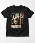 Frenchie Someone's Outside Door Shift Graphic T-Shirt in Black, flat lay product photo