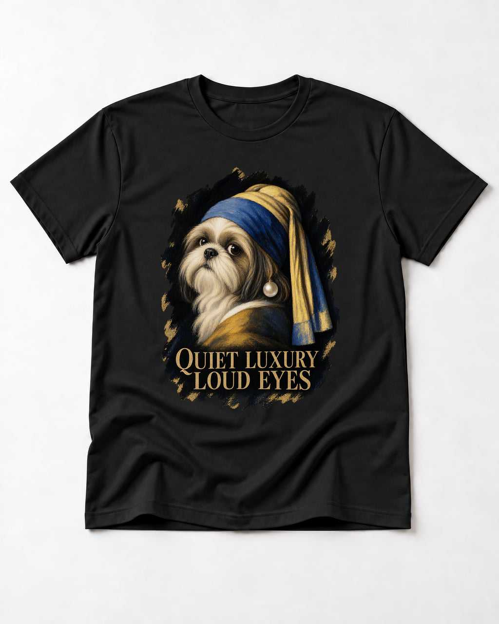 Shih Tzu Quiet Luxury Loud Eyes Pearl Portrait Graphic T-Shirt in Black, flat lay product photo