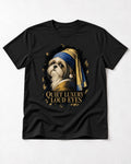Shih Tzu Quiet Luxury Loud Eyes Pearl Portrait Graphic T-Shirt in Black, flat lay product photo
