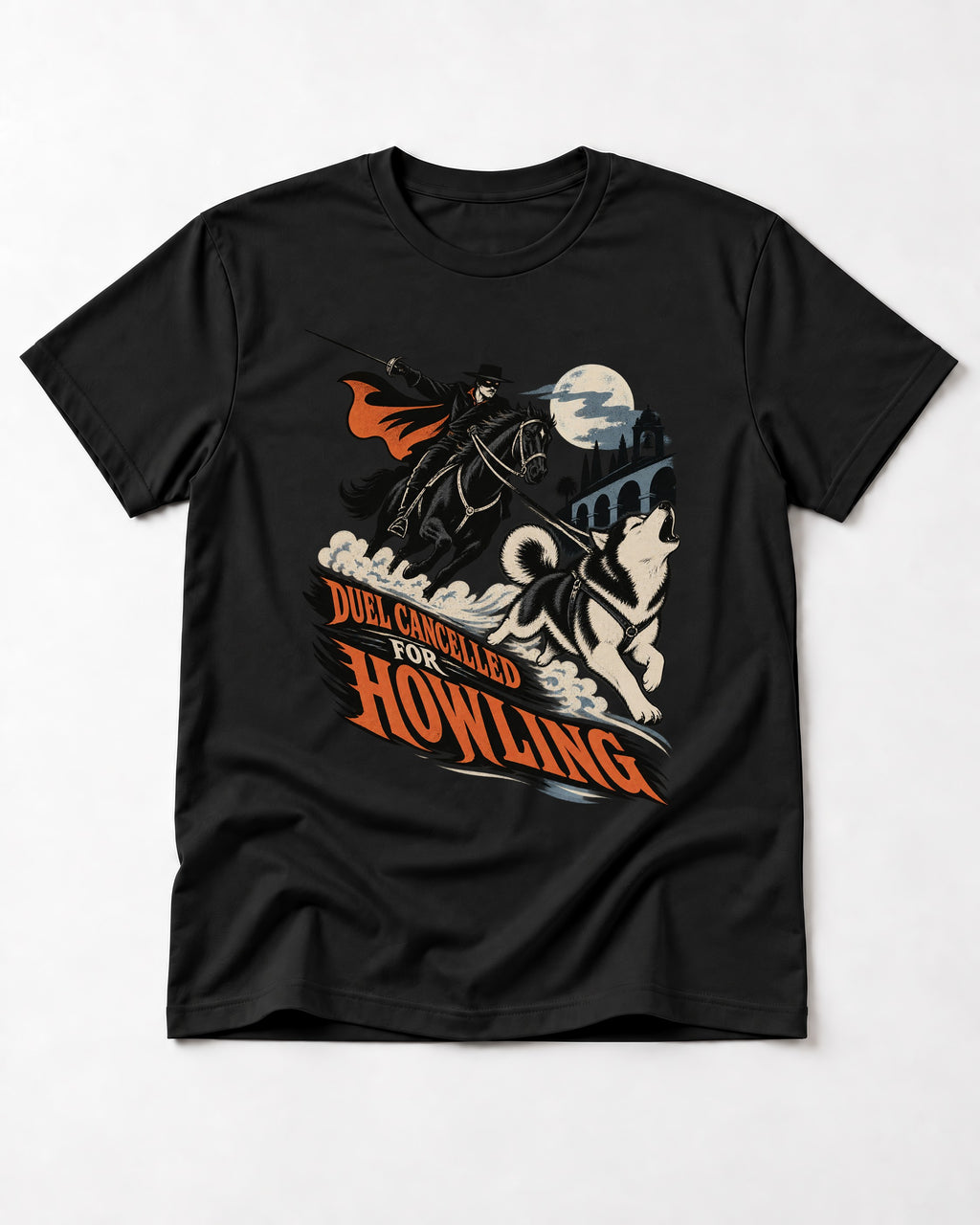 Husky Duel Cancelled for Howling Masked Rider Graphic T-Shirt in Black, flat lay product photo