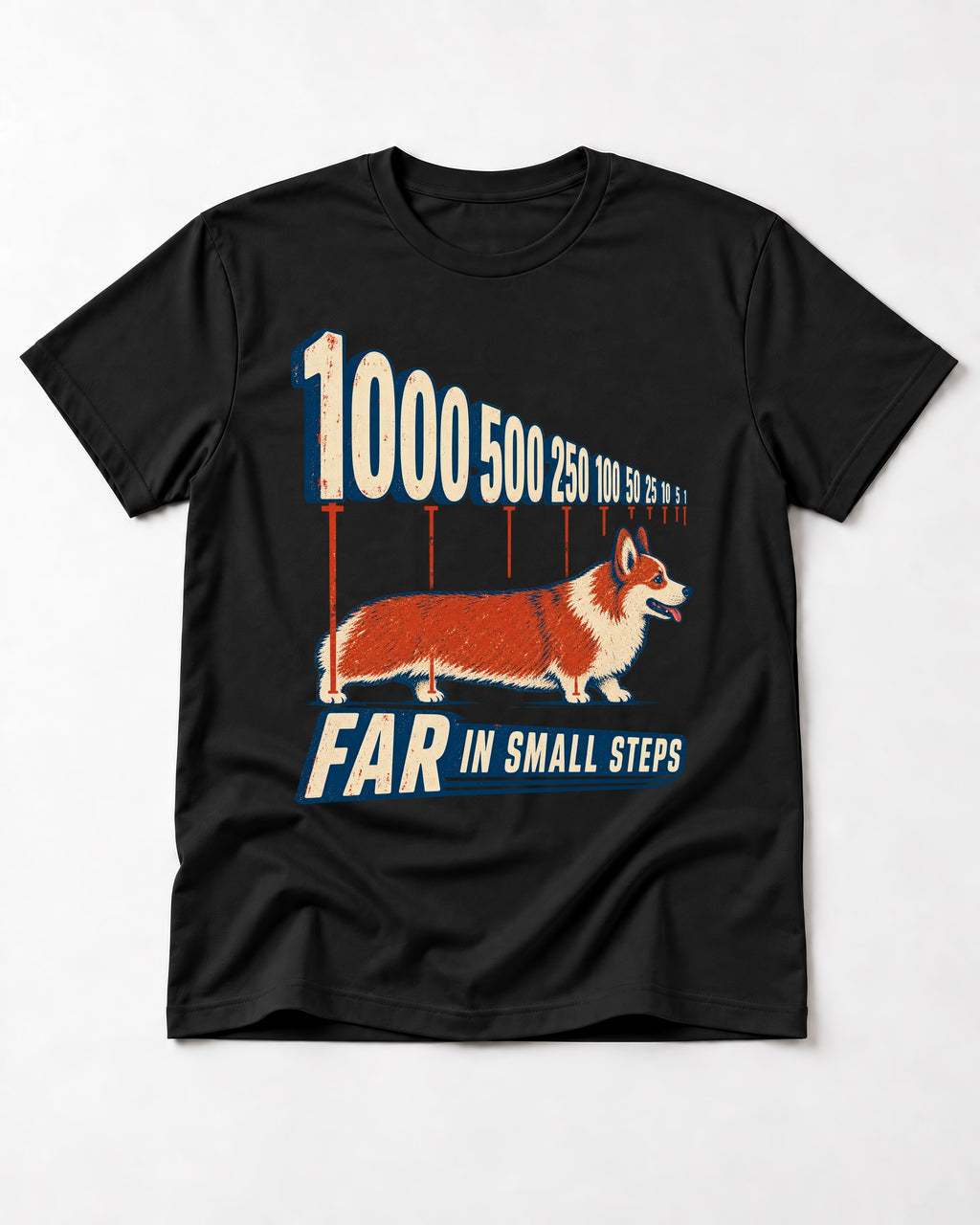 Corgi Far in Small Steps T-Shirt in Black, flat lay product photo