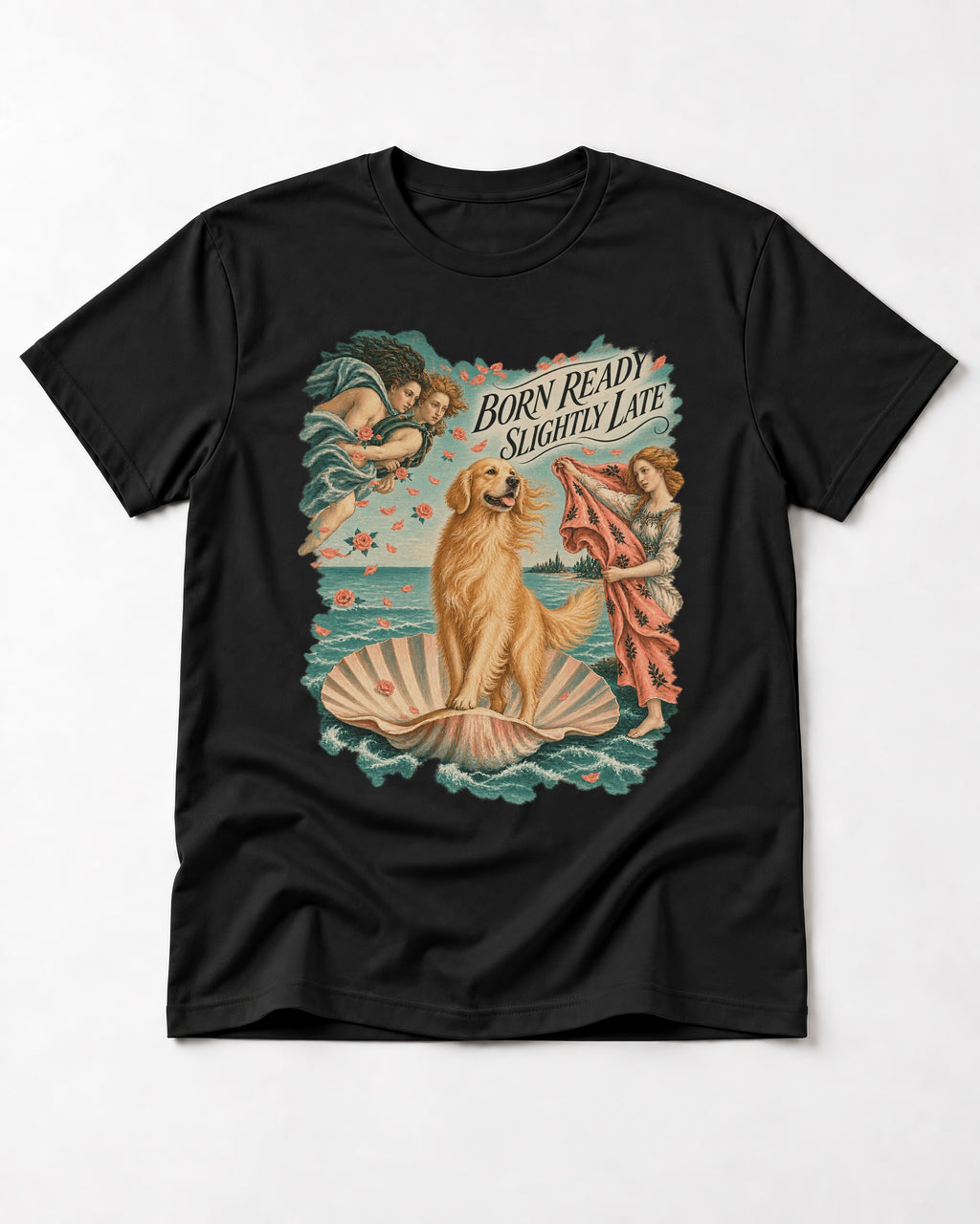 Born Ready Slightly Late Venus Golden Retriever Graphic T-Shirt in Black, flat lay product photo
