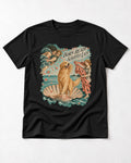Born Ready Slightly Late Venus Golden Retriever Graphic T-Shirt in Black, flat lay product photo