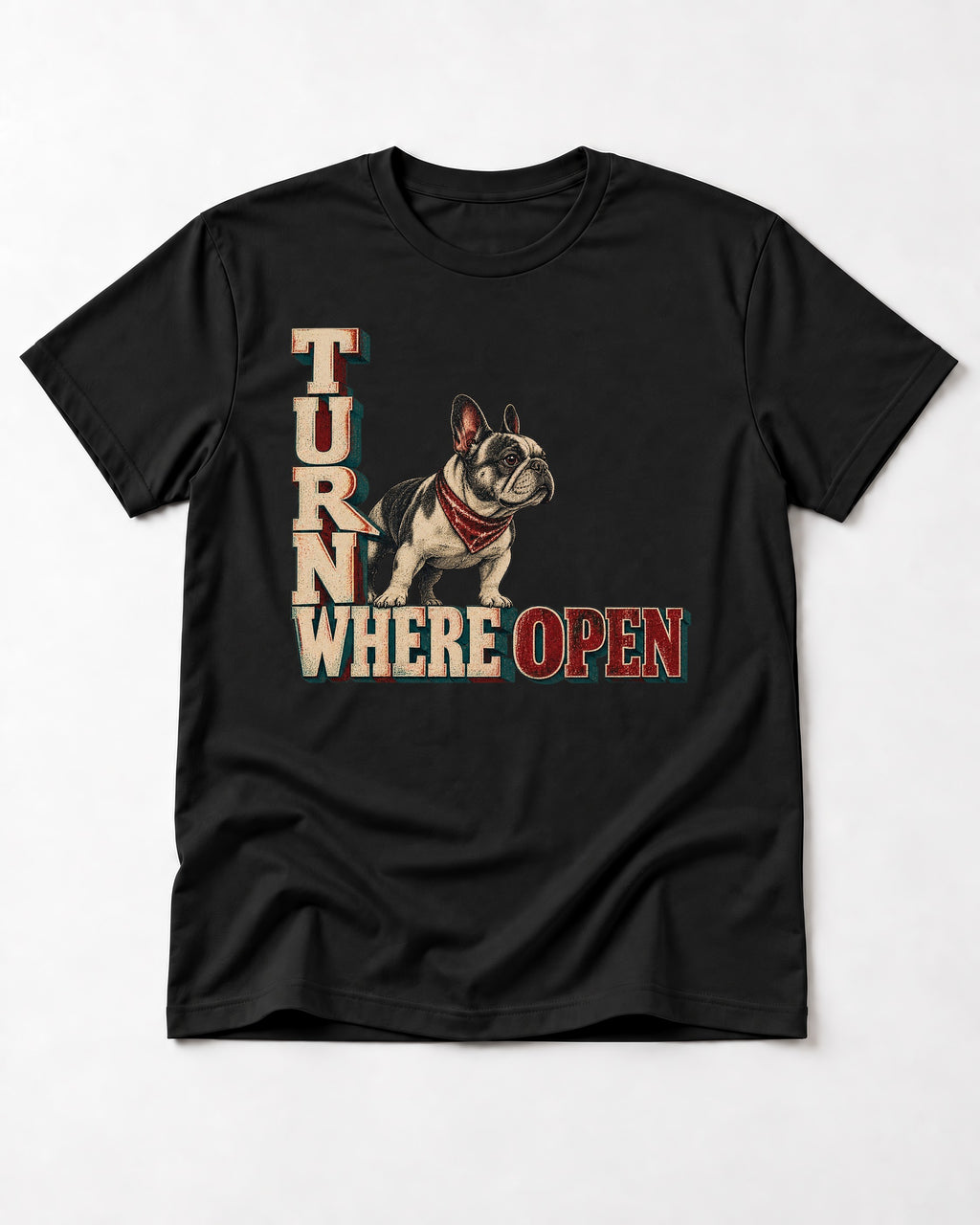 Turn Where Open Frenchie T-Shirt in Black, flat lay product photo