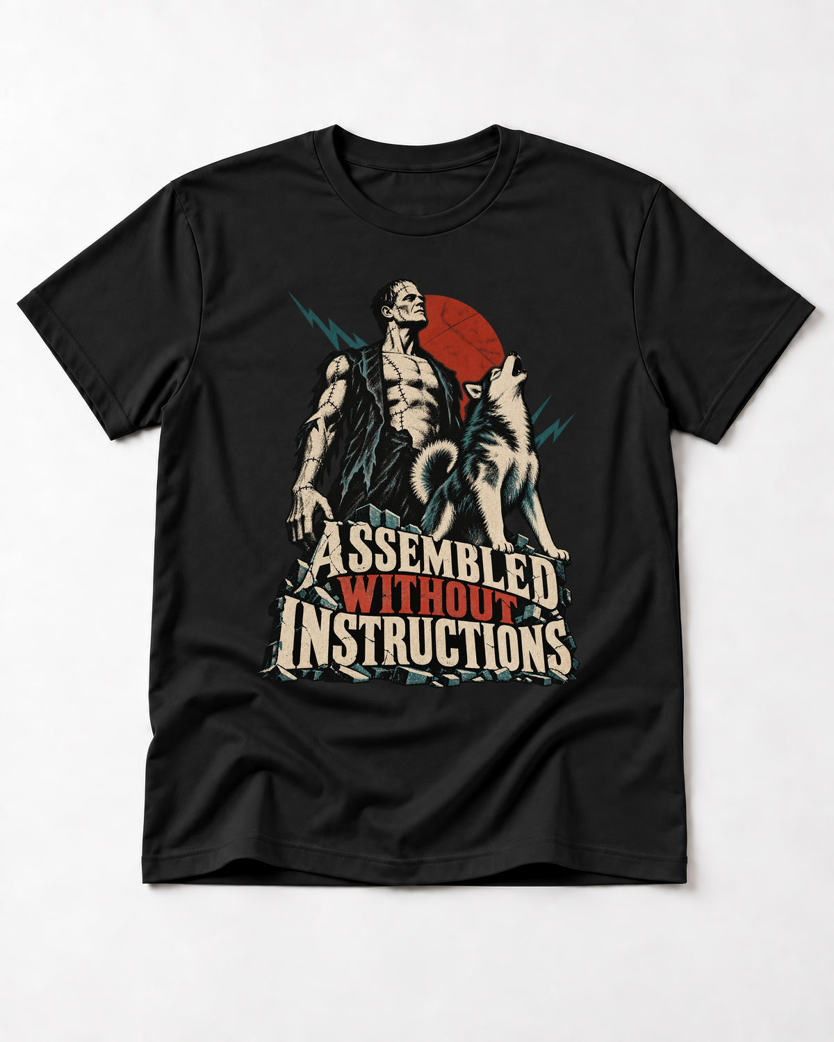 Husky Assembled Without Instructions Frankenstein Graphic T-Shirt in Black, flat lay product photo