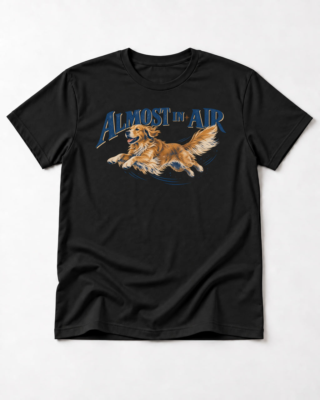 Golden Retriever Almost in Air Flying Graphic T-Shirt in Black, flat lay product photo