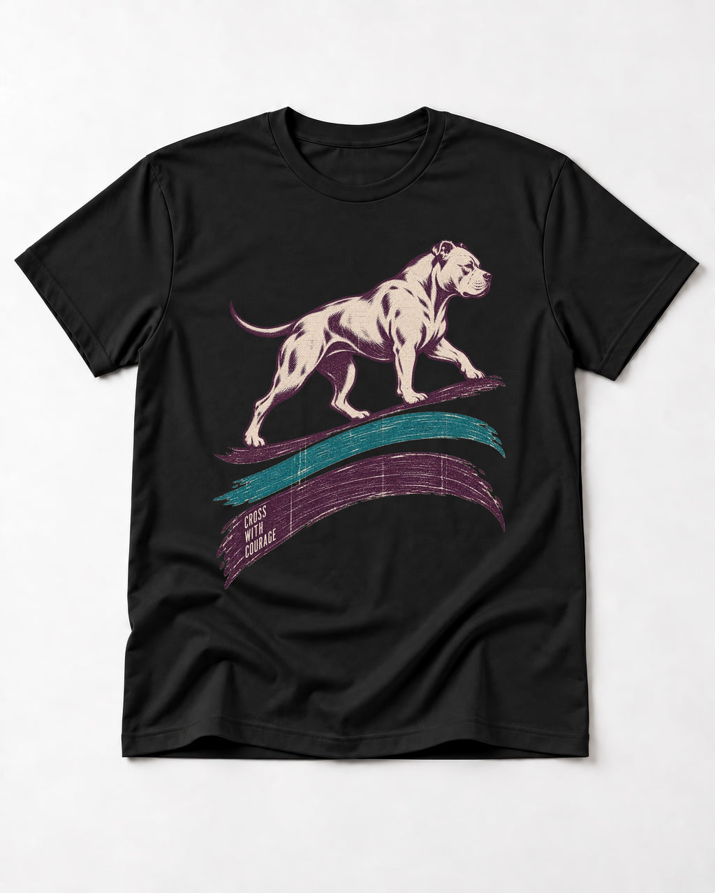 Pitbull Cross with Courage Brushstroke Graphic T-Shirt in Black, flat lay product photo