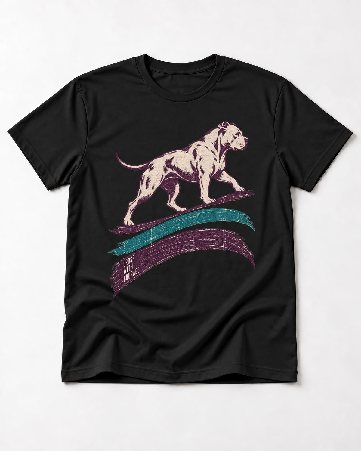 Pitbull Cross with Courage Brushstroke Graphic T-Shirt in Black, flat lay product photo