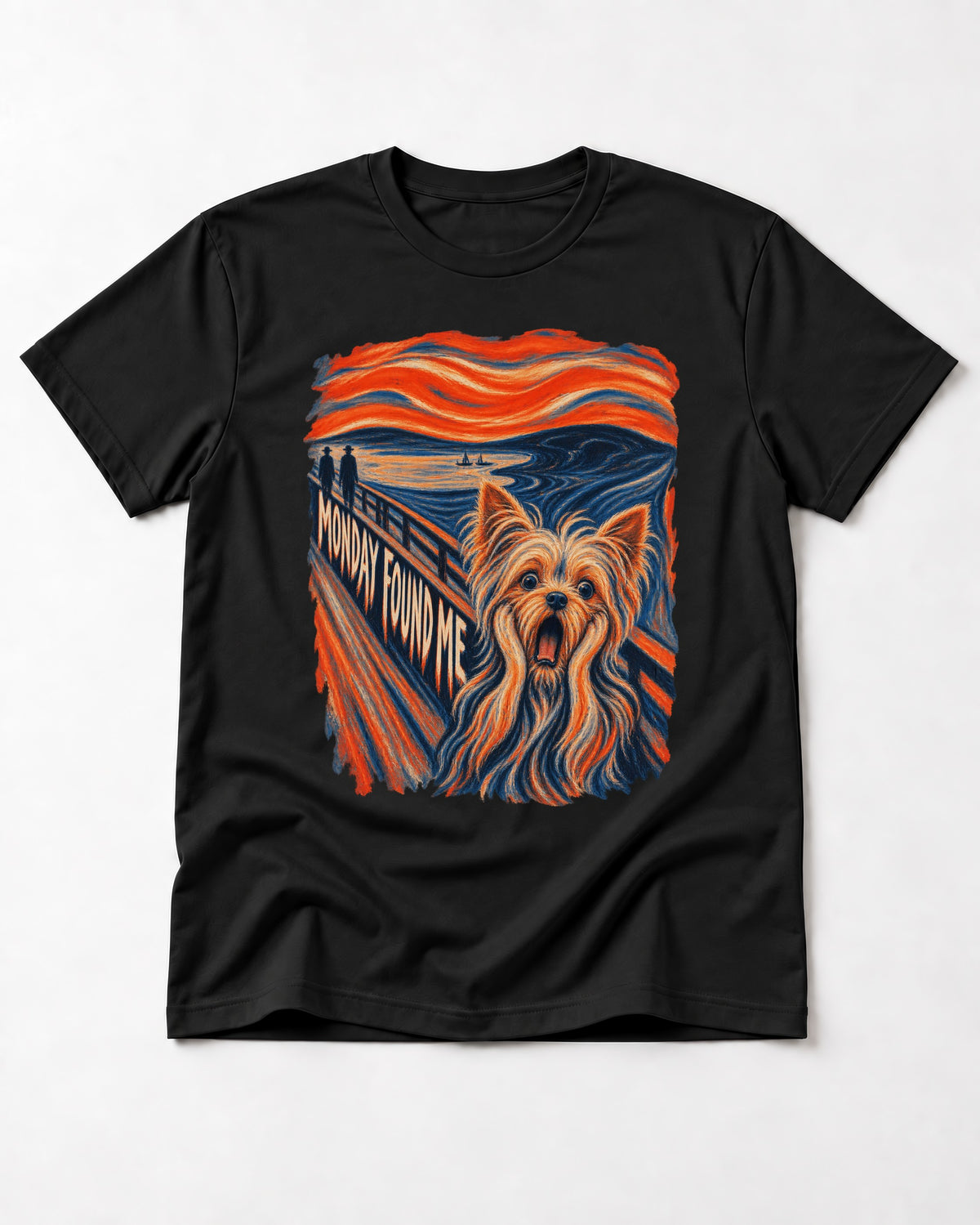 Yorkshire Terrier Monday Found Me Scream Parody Graphic T-Shirt in Black, flat lay product photo