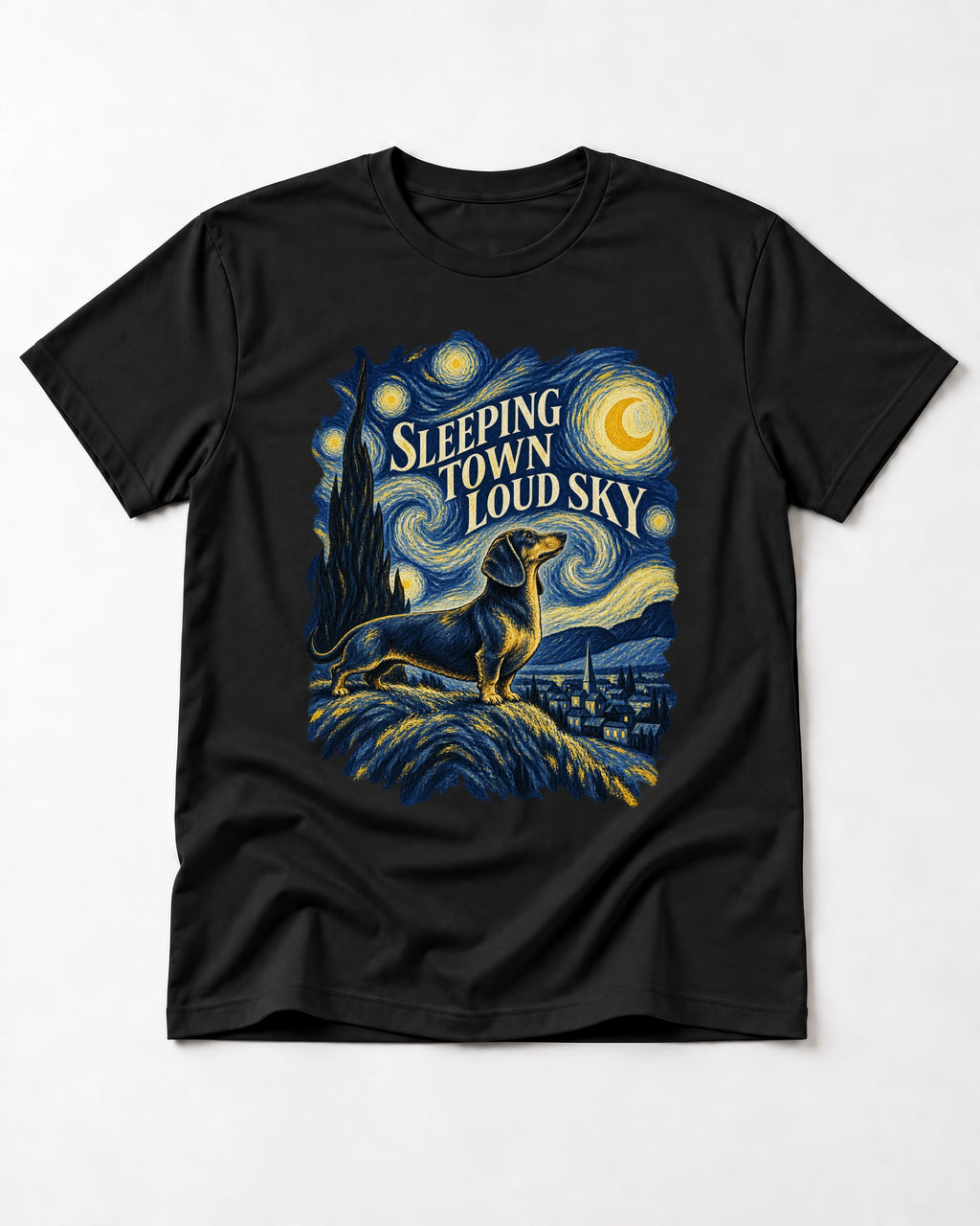 Dachshund Sleeping Town Loud Sky Starry Night Graphic T-Shirt in Black, flat lay product photo