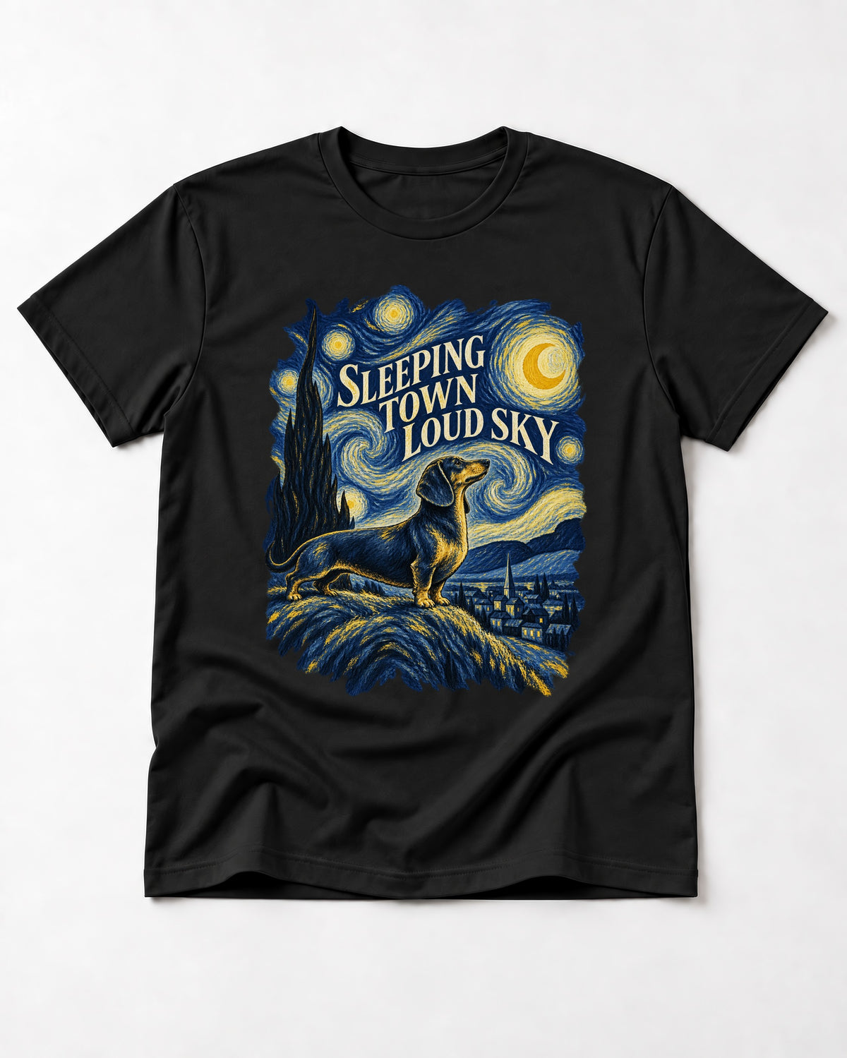Dachshund Sleeping Town Loud Sky Starry Night Graphic T-Shirt in Black, flat lay product photo