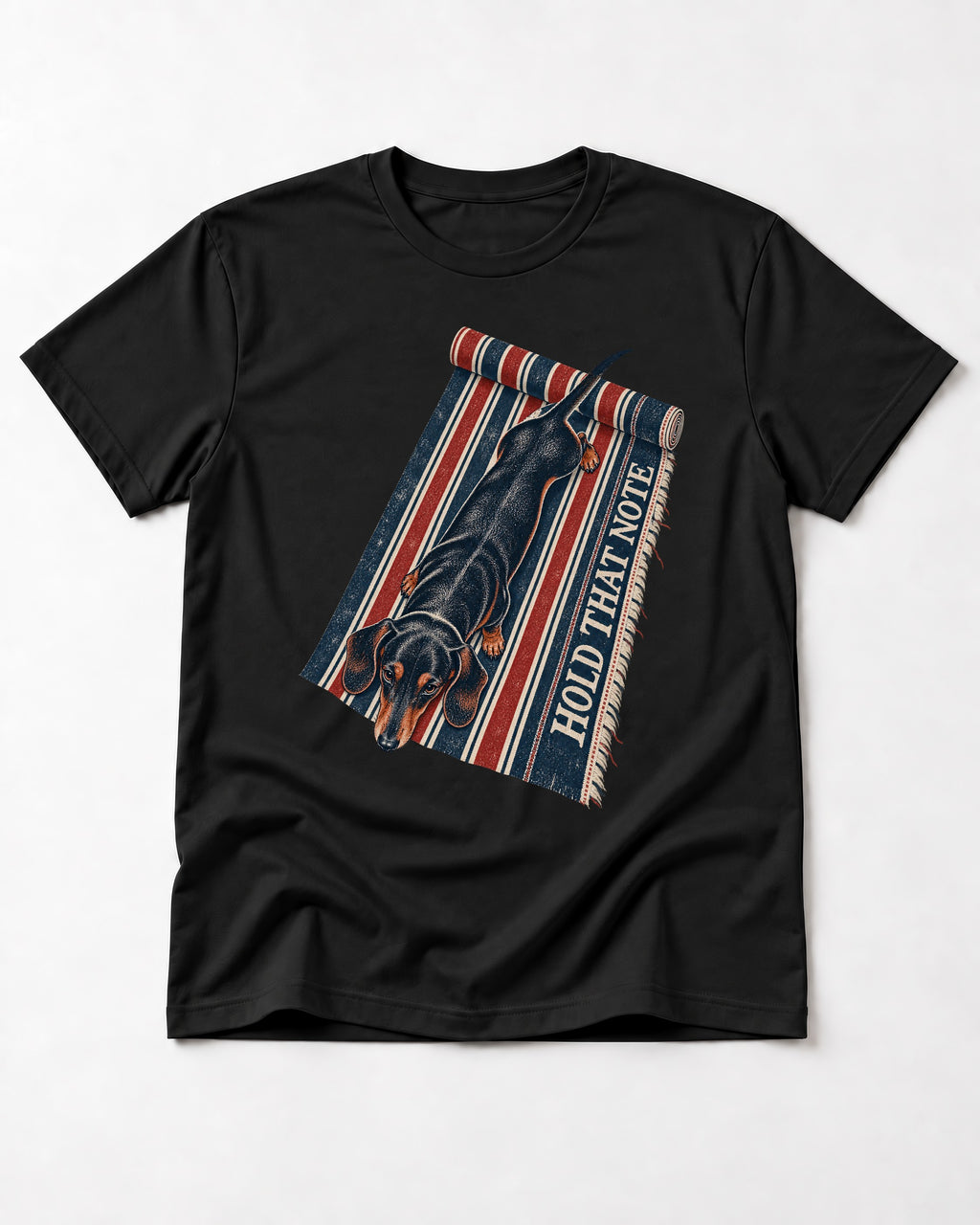 Dachshund Hold That Note Striped Rug Graphic T-Shirt in Black, flat lay product photo