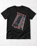 Dachshund Hold That Note Striped Rug Graphic T-Shirt in Black, flat lay product photo