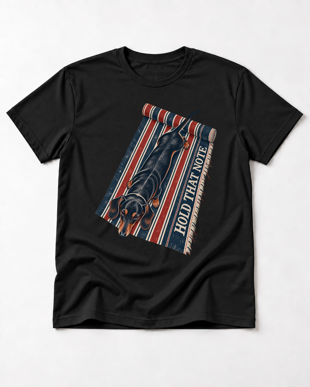 Dachshund Hold That Note Striped Rug Graphic T-Shirt in Black, flat lay product photo