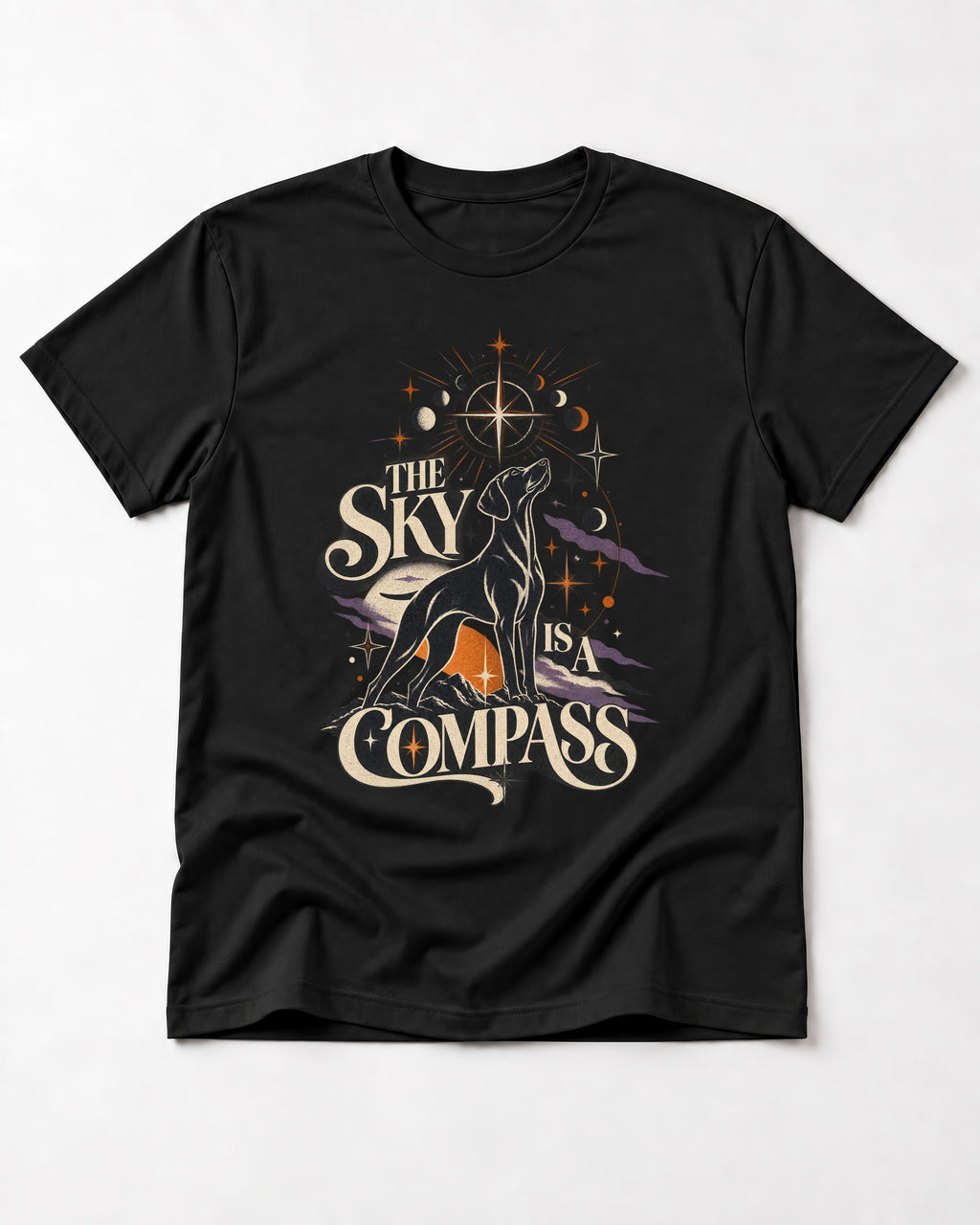 The Sky Is a Compass Celestial German Shorthaired Pointer Graphic T-Shirt in Black, flat lay product photo