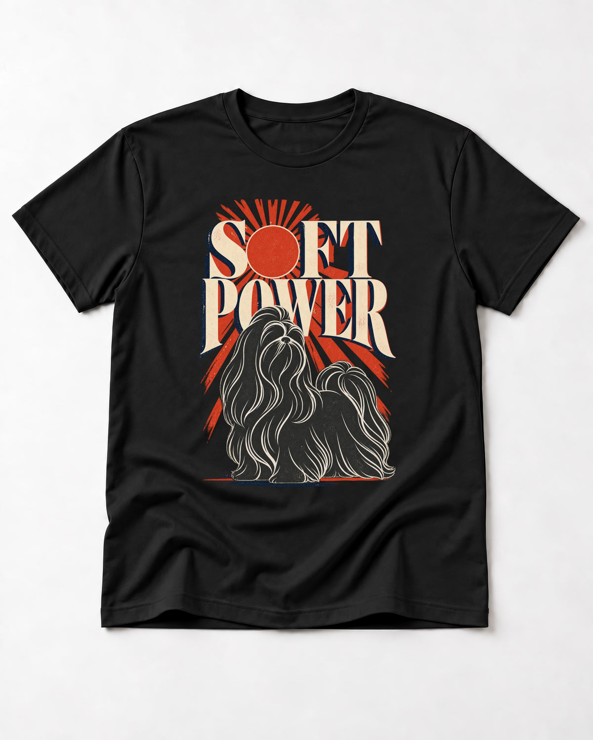 Shih Tzu Soft Power Sunburst Graphic T-Shirt in Black, flat lay product photo